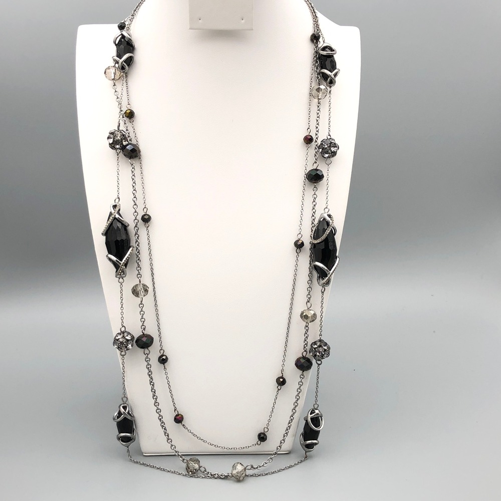 Vera Wang Necklace Black Silver Tone Rhinestone Multi Strand Long Graduated